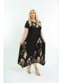 Kadın Büyük Beden Siyah Çiçek Desenli Kısa Kollu Elbise 11elb976