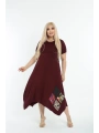 Kadın Büyük Beden Yamalı Bisiklet Yaka Kısa Kollu Bordo Elbise