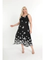 Kadın Büyük Beden Tokalı Askılı Kelebek Desenli Siyah Elbise