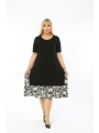 Kadın Siyah Büyük Beden Eteği Yaprak Desenli Kısa Kol Elbise