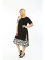 Kadın Siyah Büyük Beden Eteği Yaprak Desenli Kısa Kol Elbise