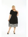 Kadın Siyah Büyük Beden Eteği Yaprak Desenli Kısa Kol Elbise