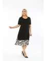 Kadın Siyah Büyük Beden Eteği Yaprak Desenli Kısa Kol Elbise
