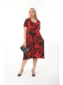 Büyük Beden Kırmızı Çiçek Desenli Siyah Kısa Kol Elbise