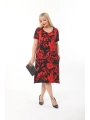 Büyük Beden Kırmızı Çiçek Desenli Siyah Kısa Kol Elbise