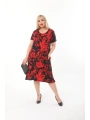 Büyük Beden Kırmızı Çiçek Desenli Siyah Kısa Kol Elbise