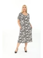 Büyük Beden Siyah Beyaz Yaprak Desenli Kısa Kol Elbise