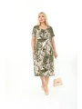 Büyük Beden Yeşil Ebru Desenli Kısa Kol Elbise