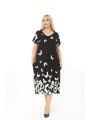 Büyük Beden Siyah Kelebek Desenli Kısa Kol Elbise