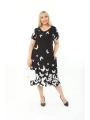 Büyük Beden Siyah Kelebek Desenli Kısa Kol Elbise