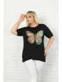 Kadın Büyük Beden Siyah Kelebek Desenli T-shirt