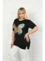 Kadın Büyük Beden Siyah Kelebek Desenli T-shirt