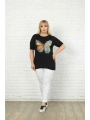 Kadın Büyük Beden Siyah Kelebek Desenli T-shirt