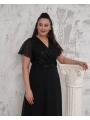 Kadın Büyük Beden Kruvaze Yaka Pul Detaylı Şifon Kısa Kollu Midi Abiye Elbise