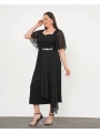Kadın Büyük Beden Toka Ve Tül Detaylı Kısa Kollu Yırtmaçlı Siyah Abiye Elbise