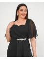 Kadın Büyük Beden Toka Ve Tül Detaylı Kısa Kollu Yırtmaçlı Siyah Abiye Elbise