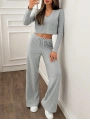 Kadın Uzun Kol Beli Lastikli Yüksek Bel V Yaka İkili Crop Takım