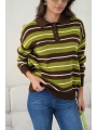 Kadın Retro Şeritli Polo Yaka Kadın Triko Kazak – Haki Yeşil & Kahverengi