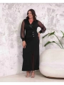 Büyük Beden Kruvaze Yaka Yırtmaçlı Kol Tüllü Düğmeli Tam Boy Abiye Elbise