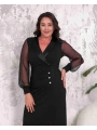 Büyük Beden Kruvaze Yaka Yırtmaçlı Kol Tüllü Düğmeli Tam Boy Abiye Elbise
