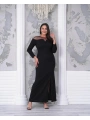 Büyük Beden Yaka Tül Detaylı Yırtmaçlı Uzun Kol Tam Boy Abiye Elbise