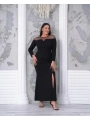 Büyük Beden Yaka Tül Detaylı Yırtmaçlı Uzun Kol Tam Boy Abiye Elbise