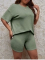 Kadın Büyük Beden Kısa Kollu Şortlu Bisiklet Yaka Ev Giyim Pijama Takım