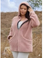 Kadın Büyük Beden Uzun Kollu Cepli Kapüşonlu Fermuarlı Peluş Hırka Ceket