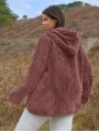 Kadın Büyük Beden Uzun Kollu Cepli Kapüşonlu Fermuarlı Peluş Hırka Ceket