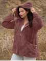 Kadın Büyük Beden Uzun Kollu Cepli Kapüşonlu Fermuarlı Peluş Hırka Ceket