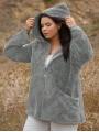 Kadın Büyük Beden Uzun Kollu Cepli Kapüşonlu Fermuarlı Peluş Hırka Ceket