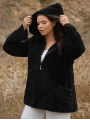 Kadın Büyük Beden Uzun Kollu Cepli Kapüşonlu Fermuarlı Peluş Hırka Ceket