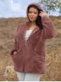 Kadın Büyük Beden Uzun Kollu Cepli Kapüşonlu Fermuarlı Peluş Hırka Ceket