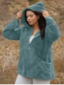 Kadın Büyük Beden Uzun Kollu Cepli Kapüşonlu Fermuarlı Peluş Hırka Ceket