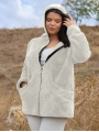 Kadın Büyük Beden Uzun Kollu Cepli Kapüşonlu Fermuarlı Peluş Hırka Ceket