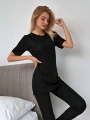 Kadın Kısa Kollu Beli Lastikli Yırtmaçlı Rahat Kalıp İkili Kaşkorse Takım