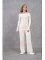 Kadın Ekru off-shoulder uzun kollu üst ve geniş paçalı pantolon ile standart beden ikili Triko Takım