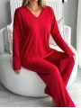 Kadın Uzun Kollu Yüksek Bel V Yaka Kırmızı İkili Takım