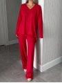 Kadın Uzun Kollu Yüksek Bel V Yaka Kırmızı İkili Takım