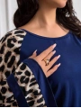 Kadın Uzun Leopar Kol Detaylı Lacivert Bluz