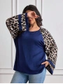 Kadın Uzun Leopar Kol Detaylı Lacivert Bluz