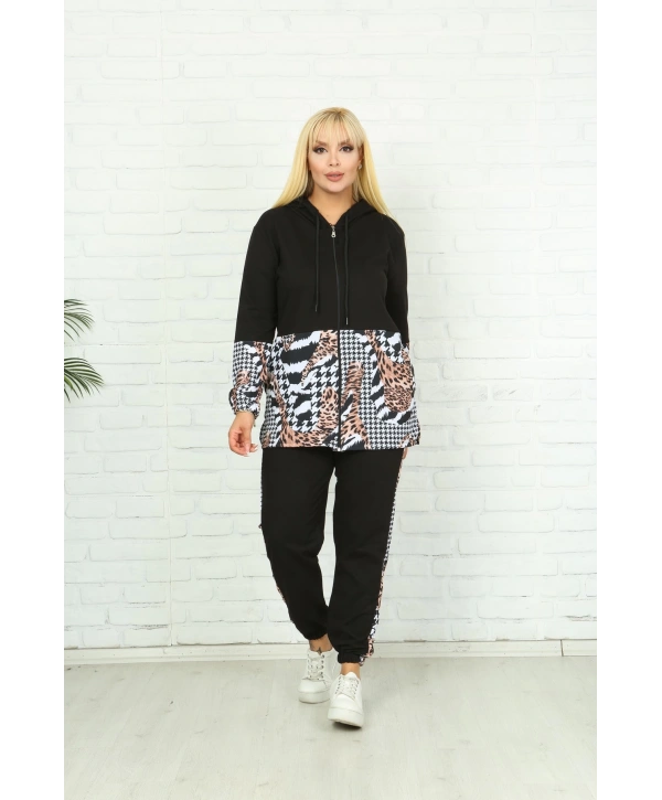 Kadın Siyah Leoparlı Büyük Beden Kapüşonlu Fermuarlı Eşofman Takım