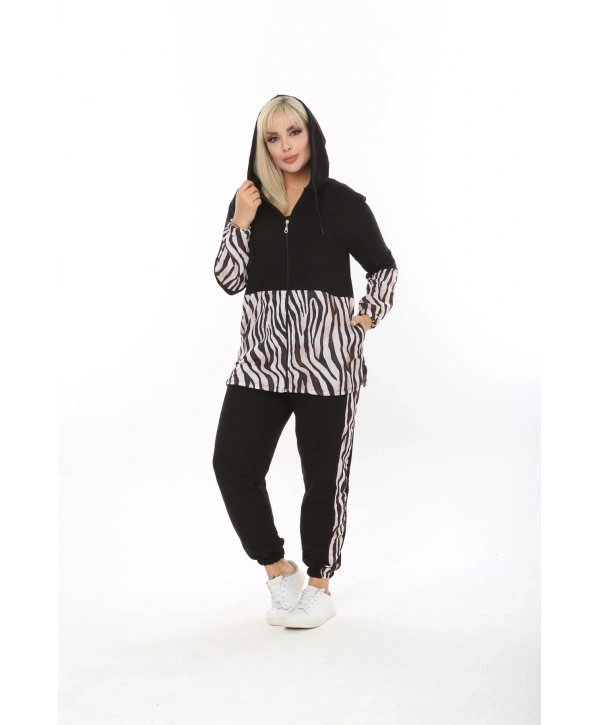 Kadın Siyah Baskılı Büyük Beden Kapüşonlu Fermuarlı Eşofman Takım