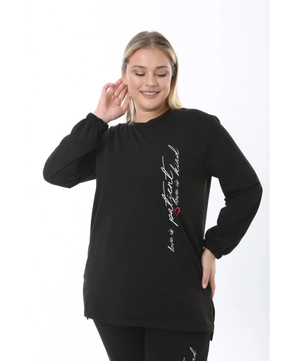 Kadın Büyük Beden Yazılı Uzun Kol Kol Paça Lastikli İkiiplik Takım