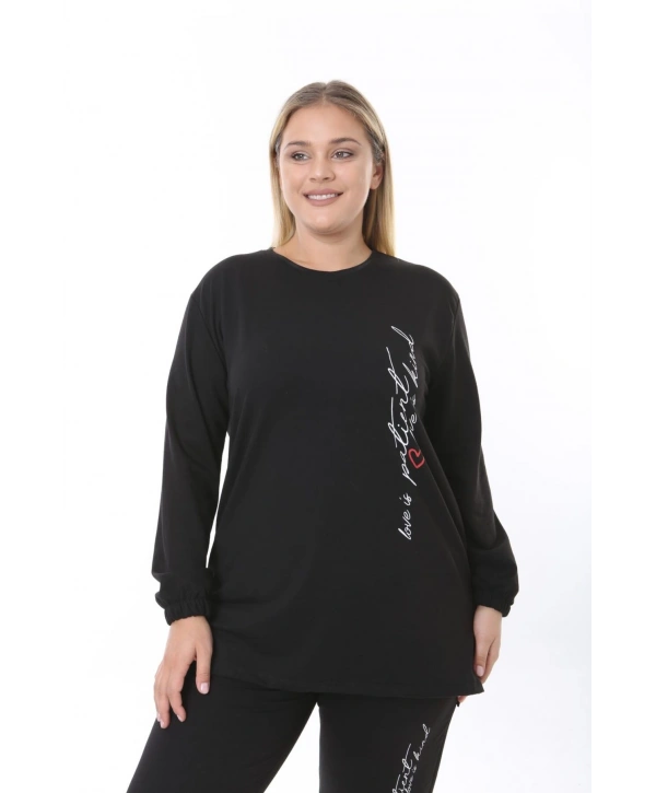 Kadın Büyük Beden Yazılı Uzun Kol Kol Paça Lastikli İkiiplik Takım