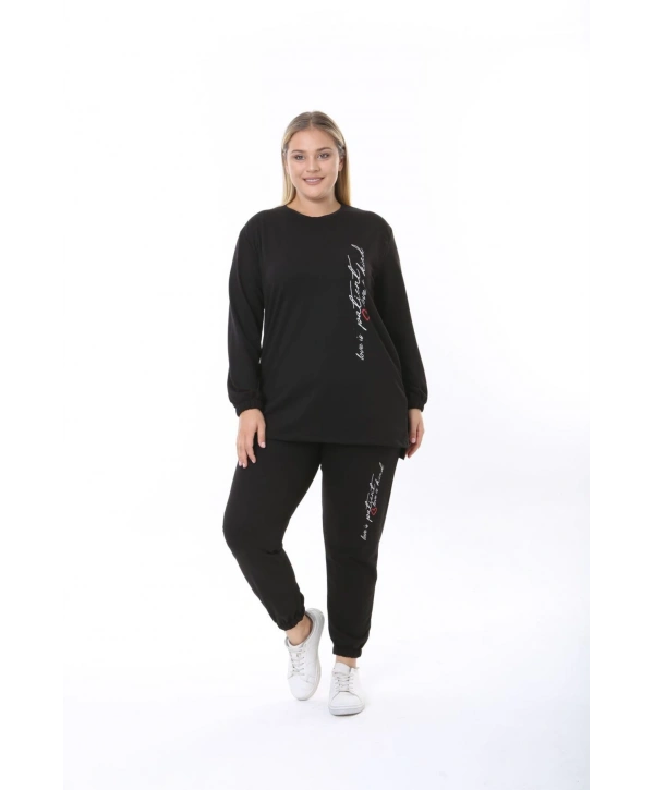 Kadın Büyük Beden Yazılı Uzun Kol Kol Paça Lastikli İkiiplik Takım