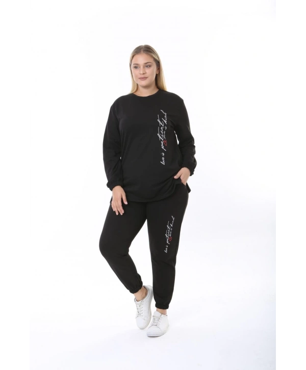 Kadın Büyük Beden Yazılı Uzun Kol Kol Paça Lastikli İkiiplik Takım