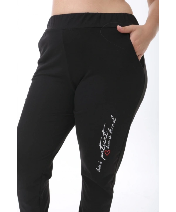 Kadın Büyük Beden Yazılı Uzun Kol Kol Paça Lastikli İkiiplik Takım