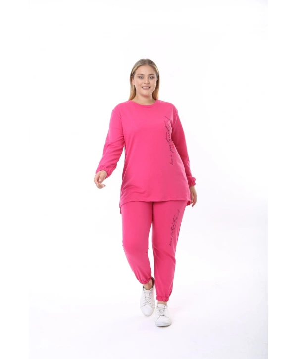 Kadın Büyük Beden Yazılı Uzun Kol Kol Paça Lastikli İkiiplik Takım