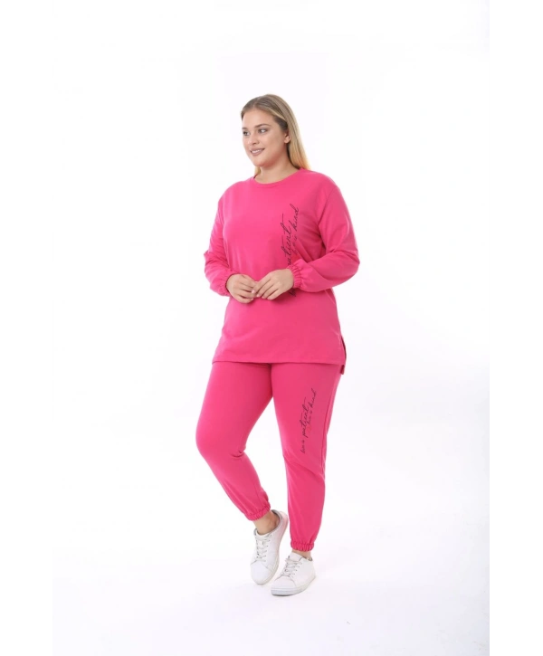 Kadın Büyük Beden Yazılı Uzun Kol Kol Paça Lastikli İkiiplik Takım